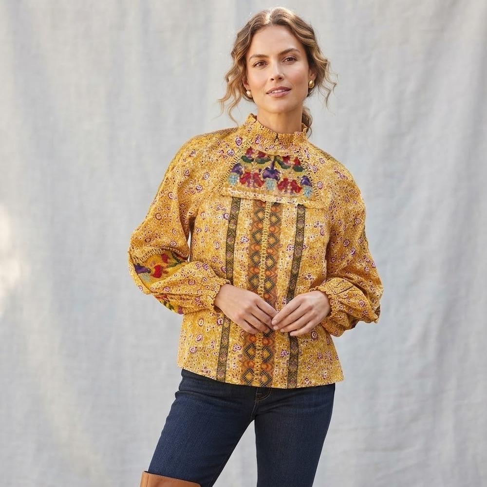 Maeve Anthropologie Yellow Floral Blouse Top Embroidered Sequin Mock Neck Sz 00